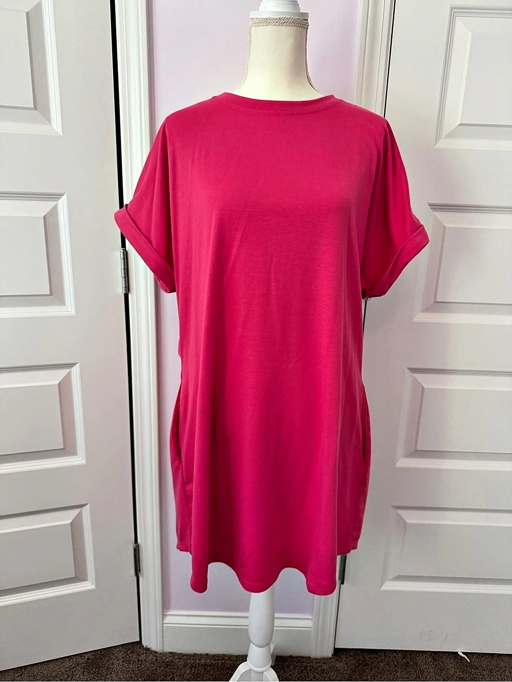 Short Sleeve T-Shirt Dress with Pockets Women's Pink Mini Dress Size